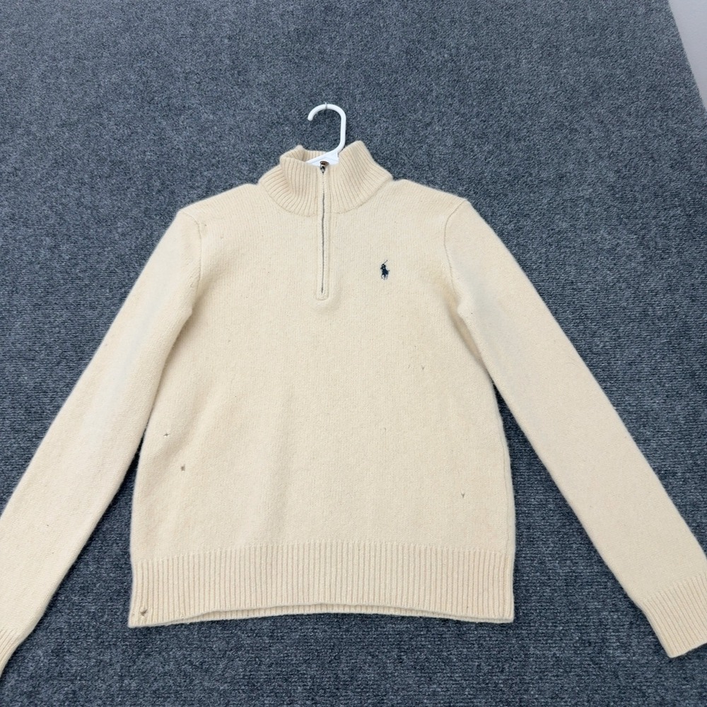 Polo Ralph Lauren Sweater Mens S Cream Lambs Wool Quarter Zip Mock Neck Classic